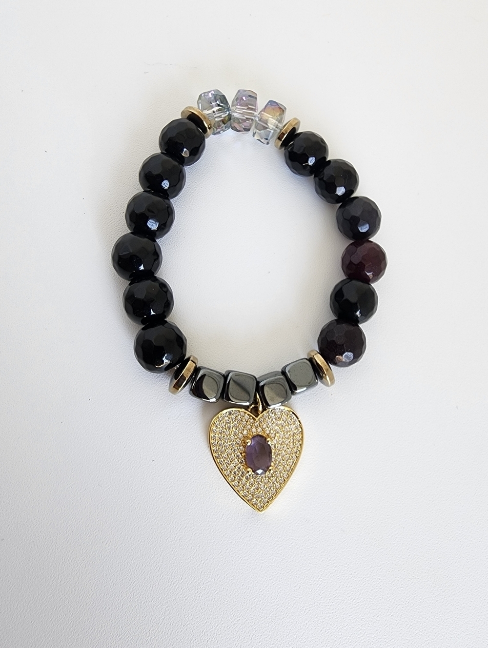 Black Onyx Beaded Bracelet Gold Heart CZ Charm Stretch 7” Women